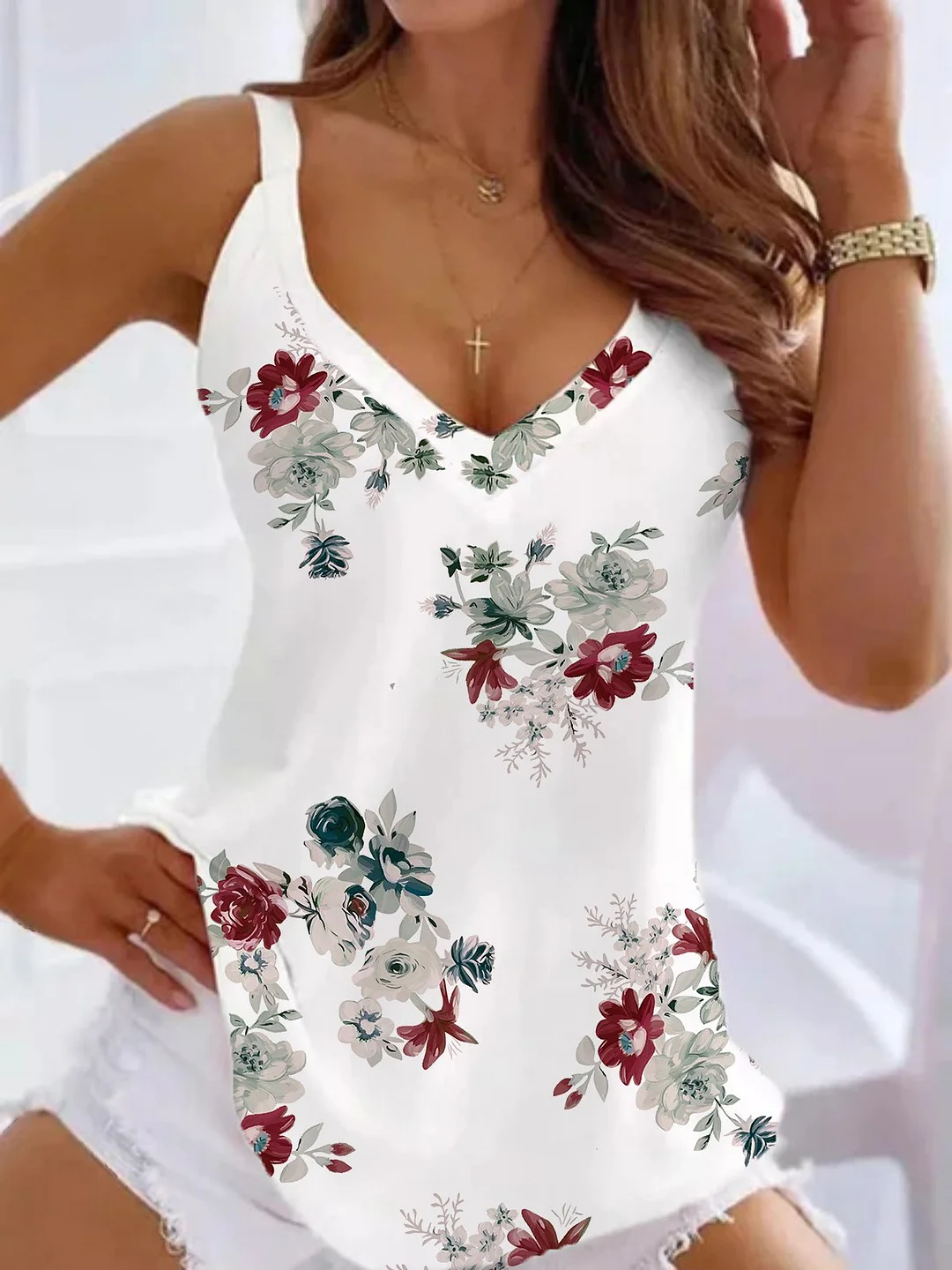 Casual Sleeveless V Neck Plus Size Floral Printed Knit Tank