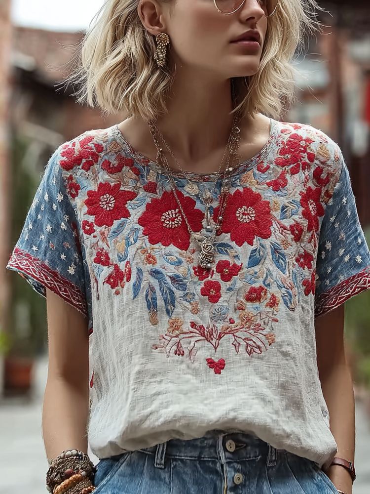  Women's Retro American Flag Element Plant Flower Embroidery Design Short Sleeve T-shirt Westsshops