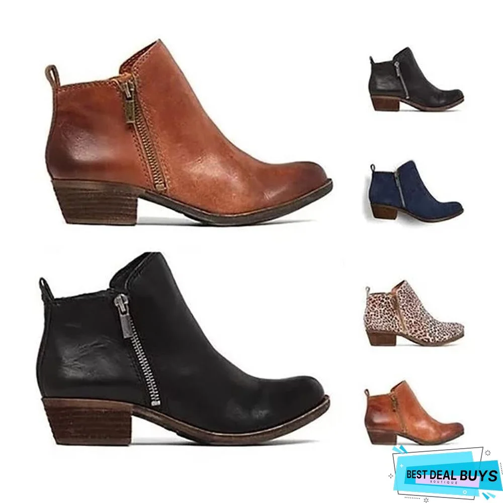 Women Side Zipper Round Toe Ankle Boots