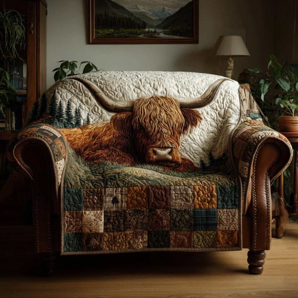 Plaid Highland Cow Quilted Sofa Cover NCU0HH1181 everthome