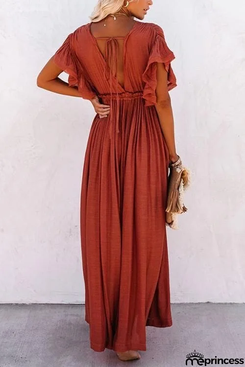 Button Drawstring Waist Bat Maxi Cover Dress