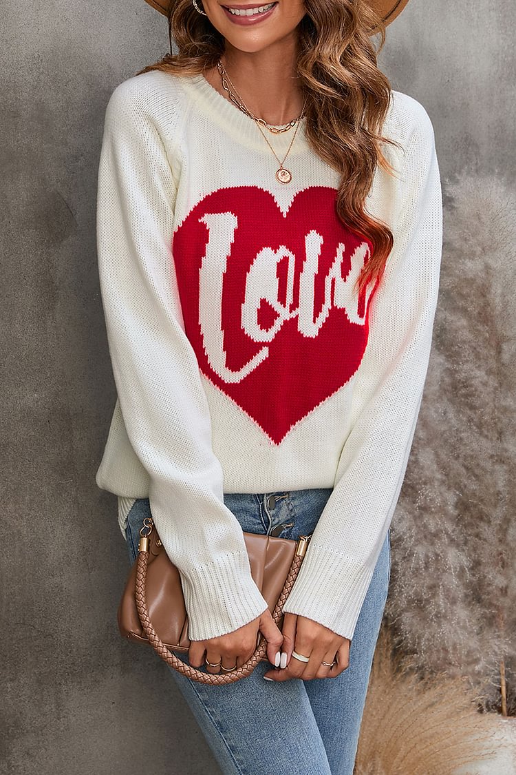 Knit Letter Heart Graphic Long Sleeve Sweater