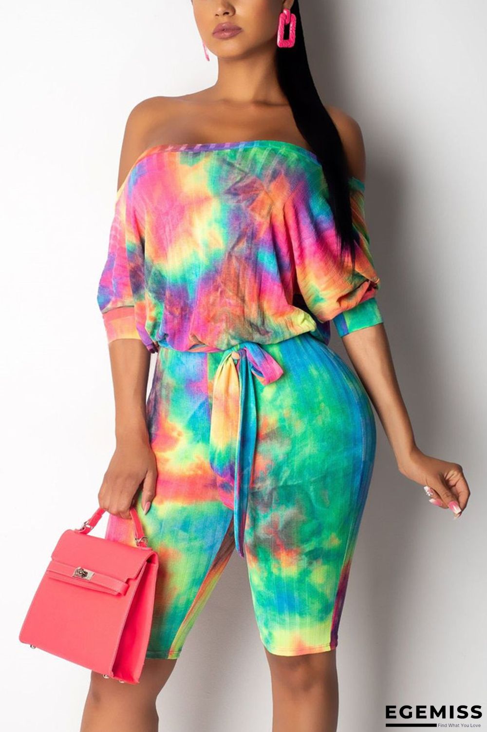 Colorful Fashion Sexy Bateau Neck Half Sleeve Off The Shoulder Regular Print Tie Dye Romper | EGEMISS