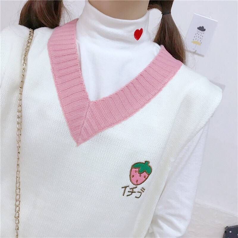 Sweater Vest Women Kawaii Fruit Embroidery Sweet Pink Students Preppy Style Patchwork Ulzzang Korean Style Tops Sweater JK Retro