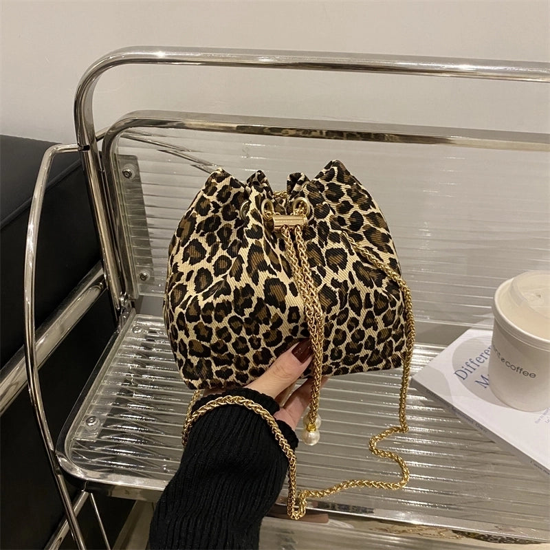Women’s Cloth Leopard Basic Vintage Style Bucket String Shoulder Bag Crossbody Bag