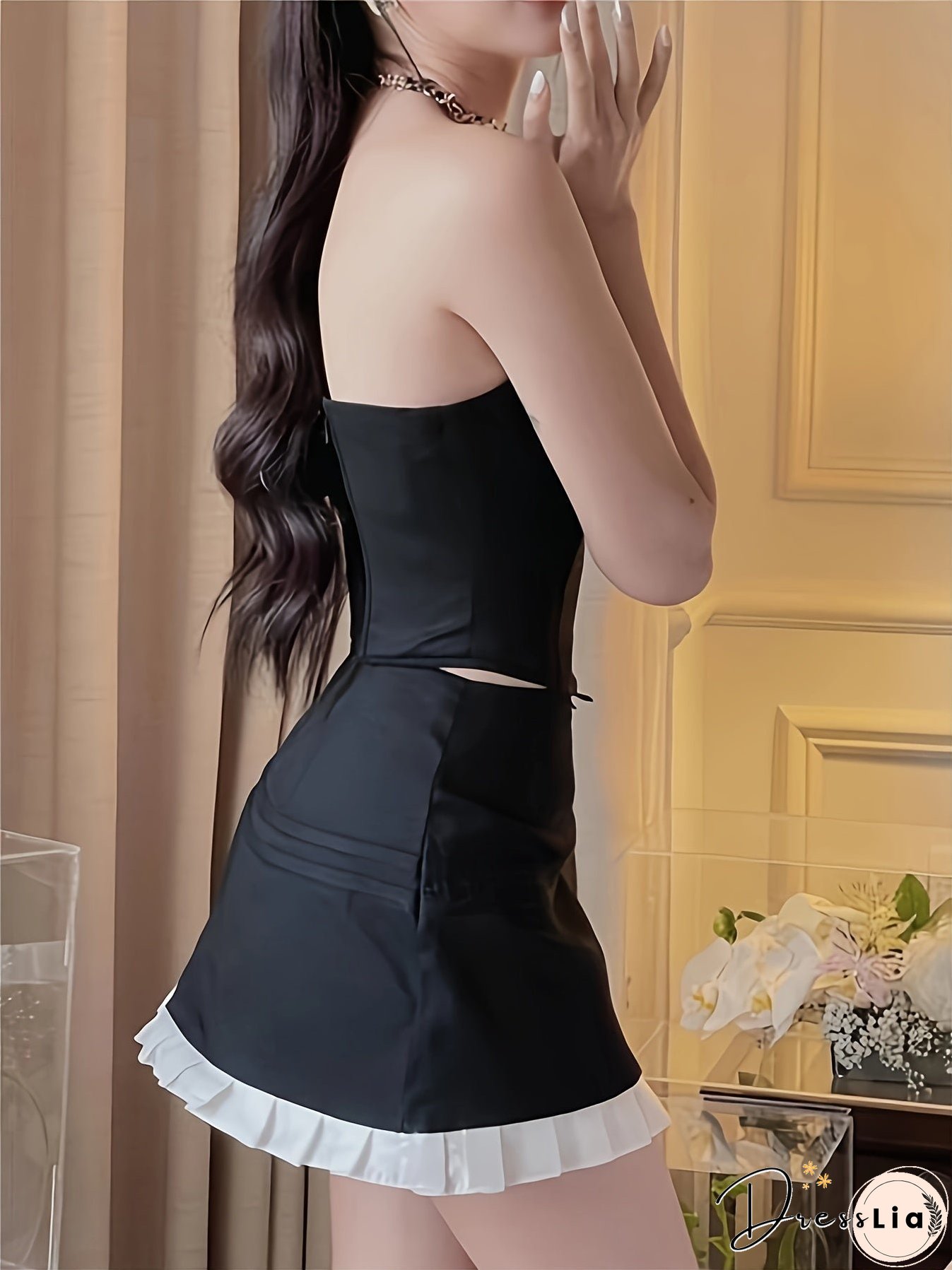 Colorblock Two-piece Set, Tube Top & Ruffle Skirt Outfits, Women's&nbsp;Clothing