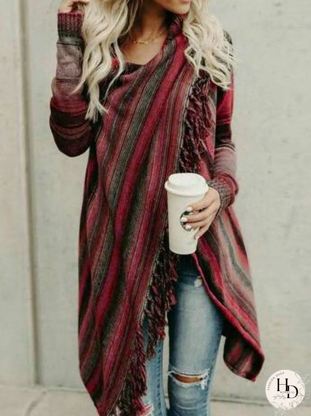 Asymmetrical Long Sleeve Stripes Casual Sweater