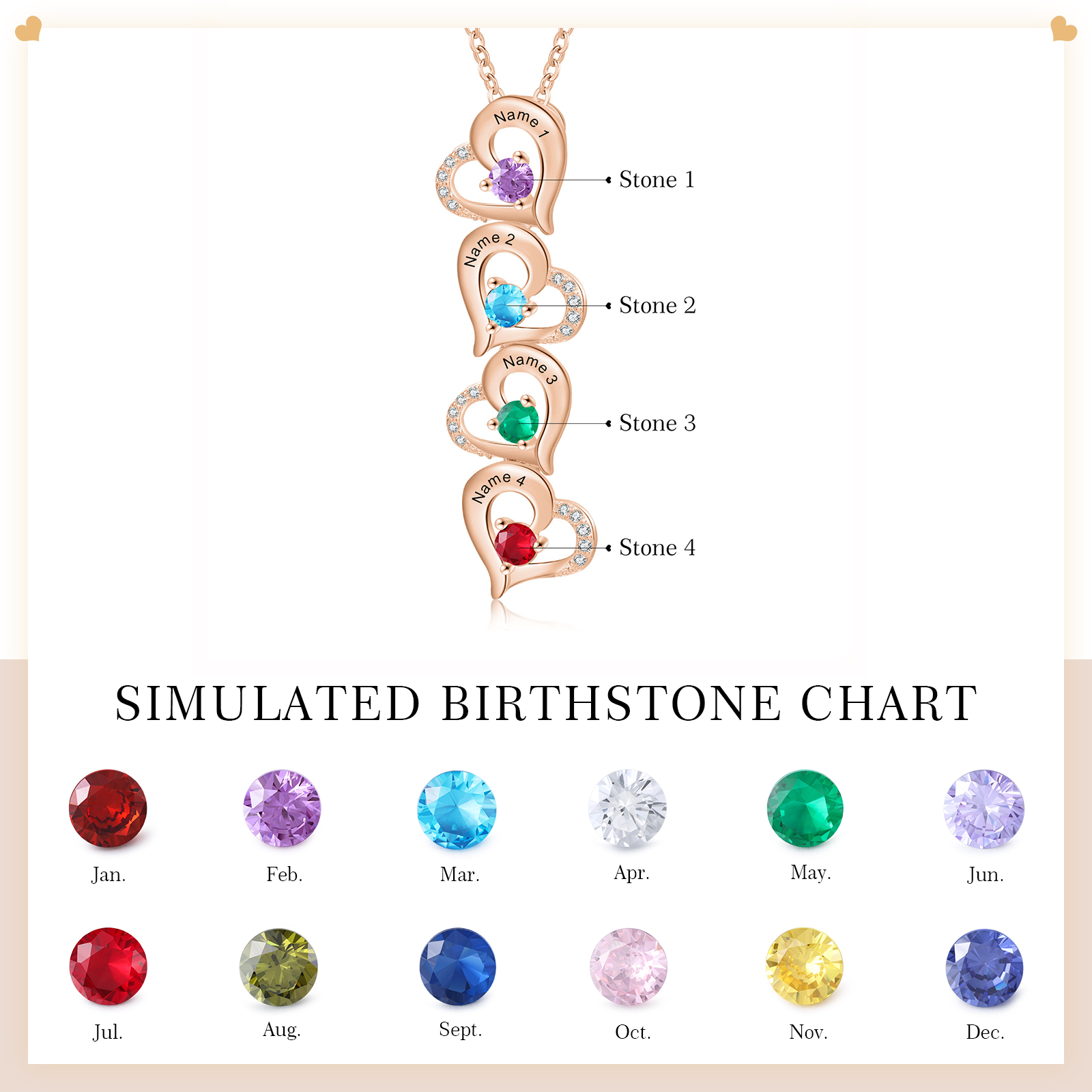 4 Names - Personalised Heart Pendant Necklace Custom Birthstones & Names Necklace Birthday Gift for Her-Jessemade AU