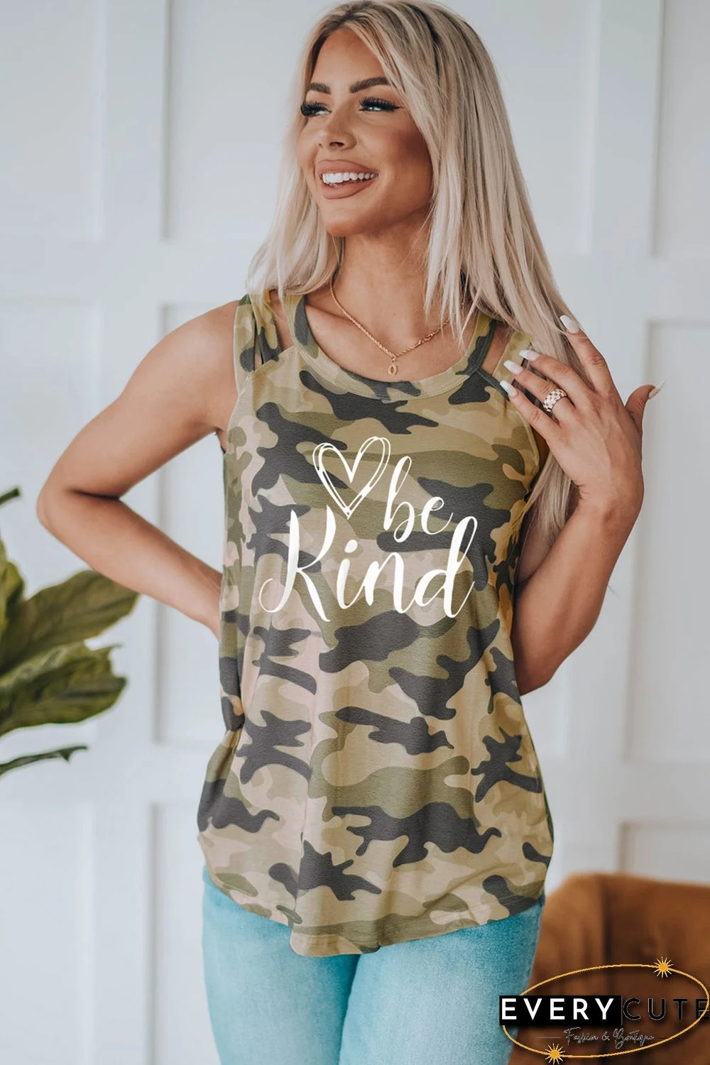 Green Be Kind Camo Crisscross Shoulder Tank Top
