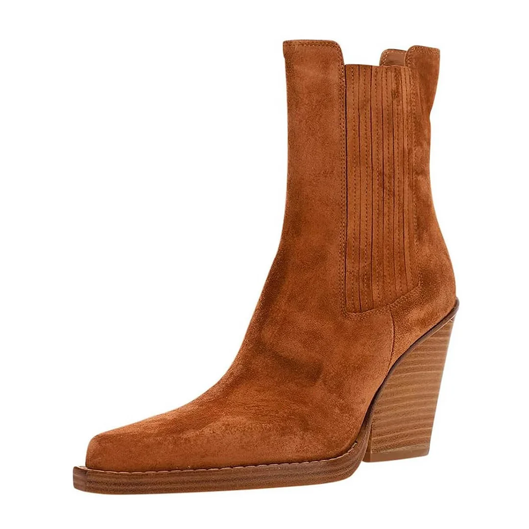YDN Vegan Suede Stacked Heel Pointed Toe Brown Booties for Women