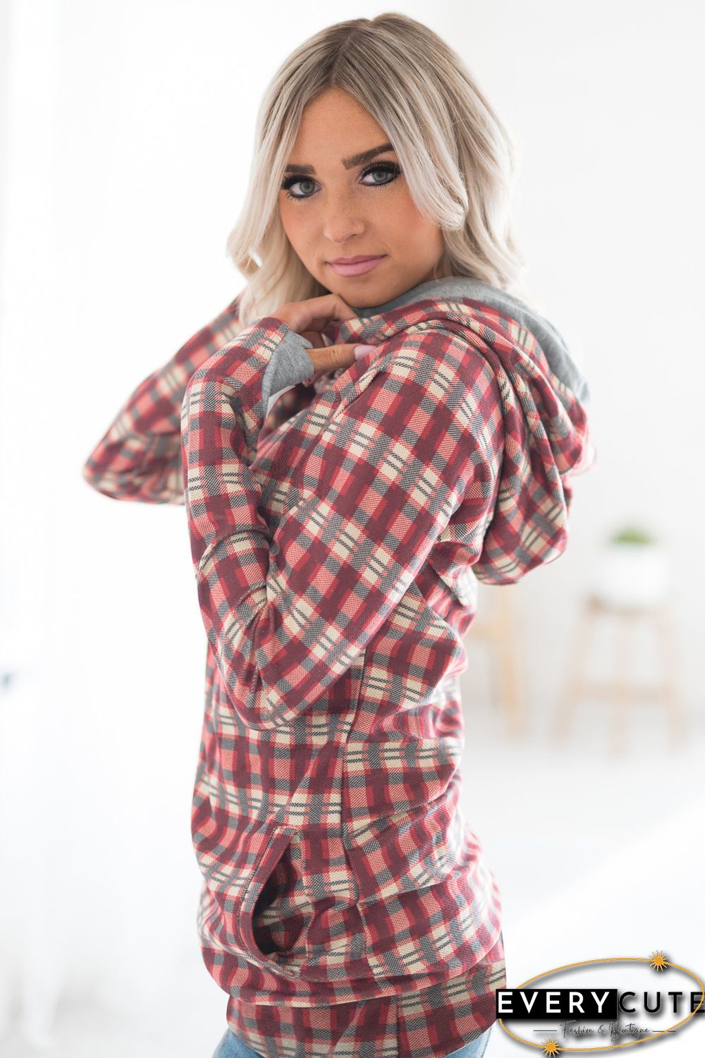Red Cowl Neck Plaid Drawstring Hoodie with Thumb Hole
