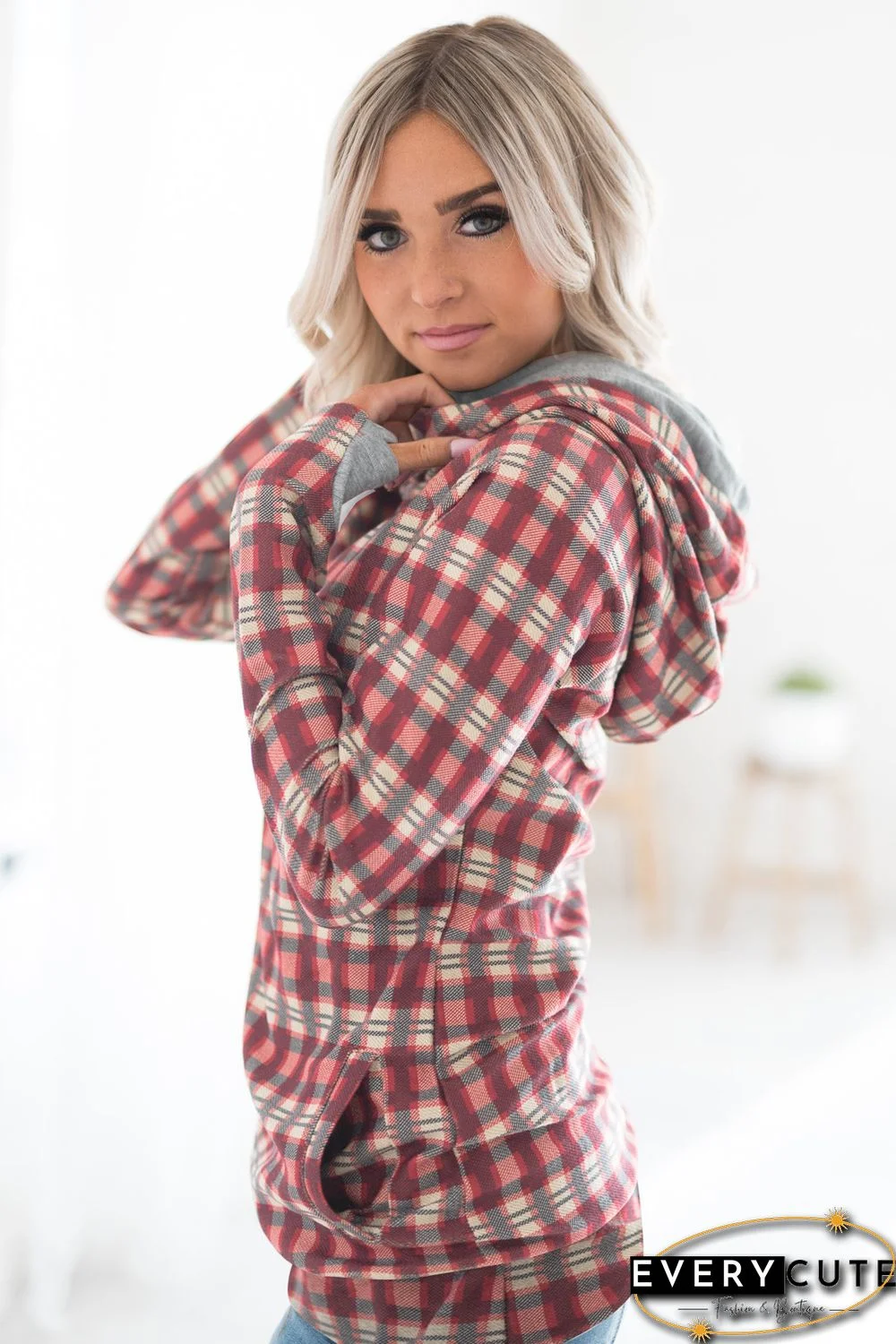 Red Cowl Neck Plaid Drawstring Hoodie with Thumb Hole