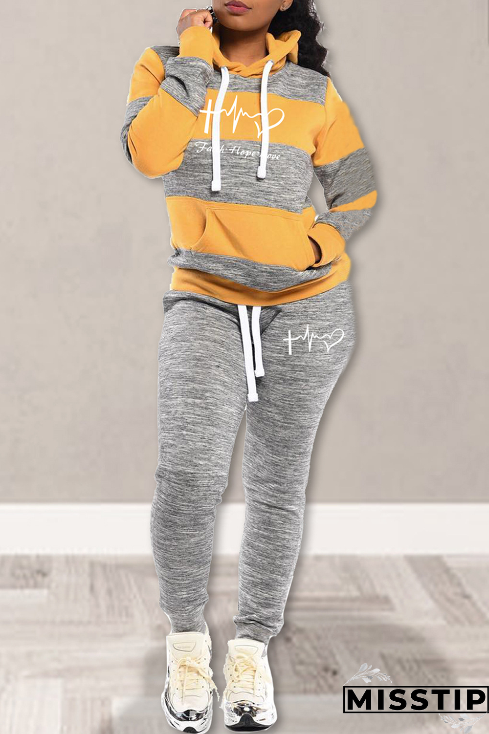 Black Street Striped Draw String Hooded Collar Long Sleeve Two Pieces