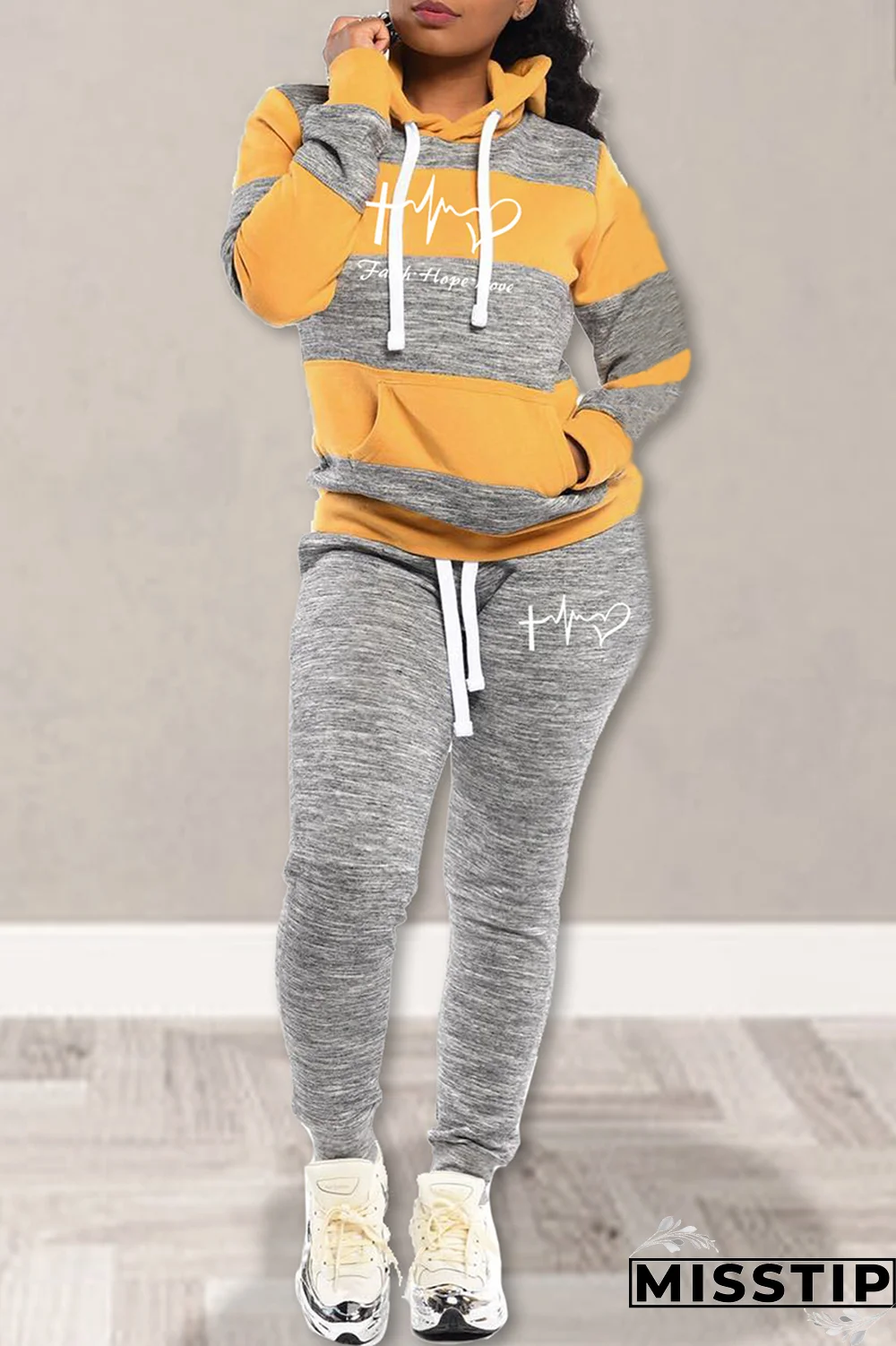 Black Street Striped Draw String Hooded Collar Long Sleeve Two Pieces