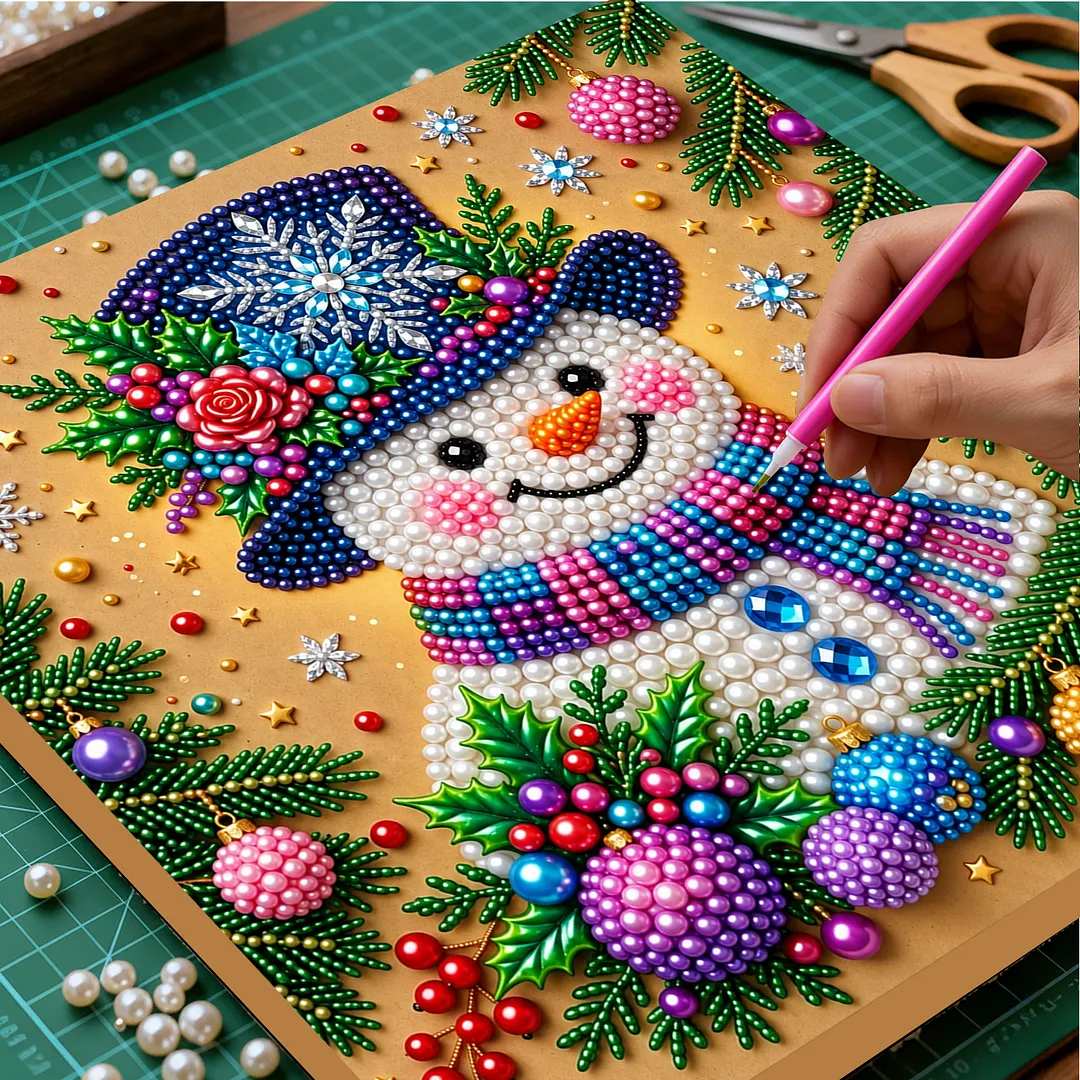 Framed Pearl Painting Kit Snowman with Ornaments 20x20cm