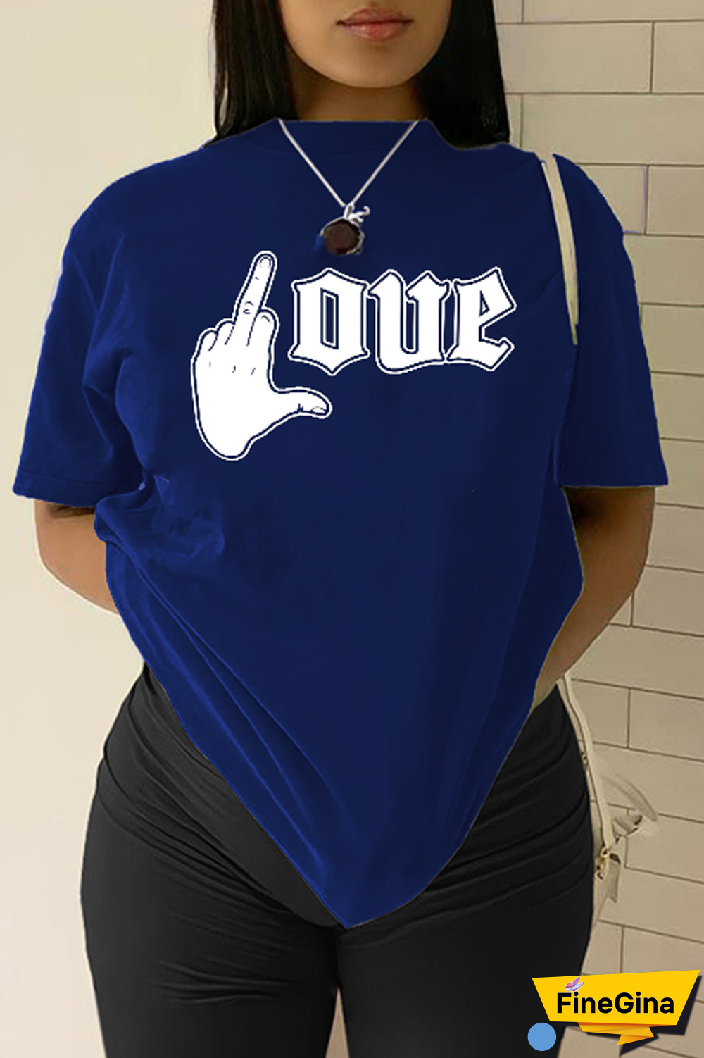 Navy Blue Casual Daily Print Patchwork Letter O Neck T-Shirts