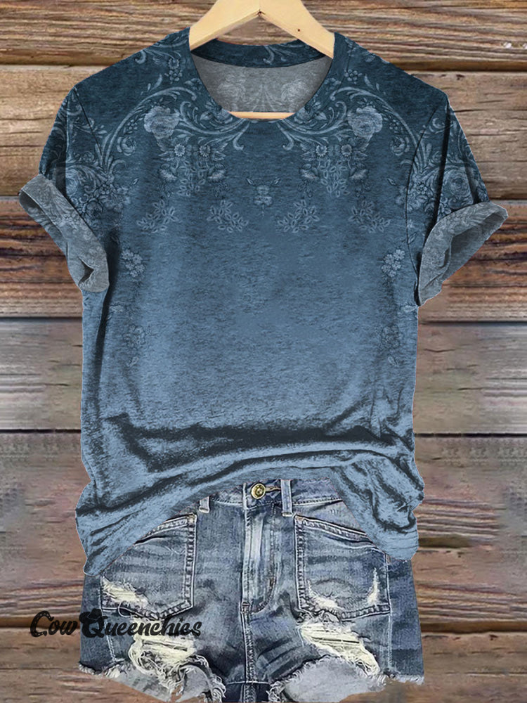 Vintage Blue Floral Gradient Printed Casual T-Shirt Blue / S