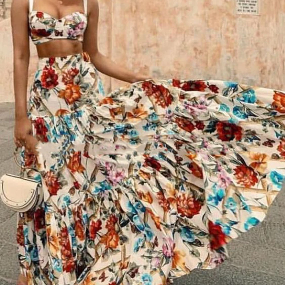 Uveng Uveng Spring And Summer New Women's Sexy Temperament Sling Print Dress Set Beach Dress Two Dress