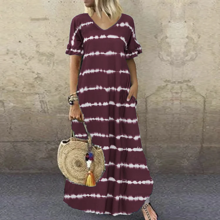 Plus Size Ruffle Sleeve Striped Printed Maxi Boho Dress VangoghDress