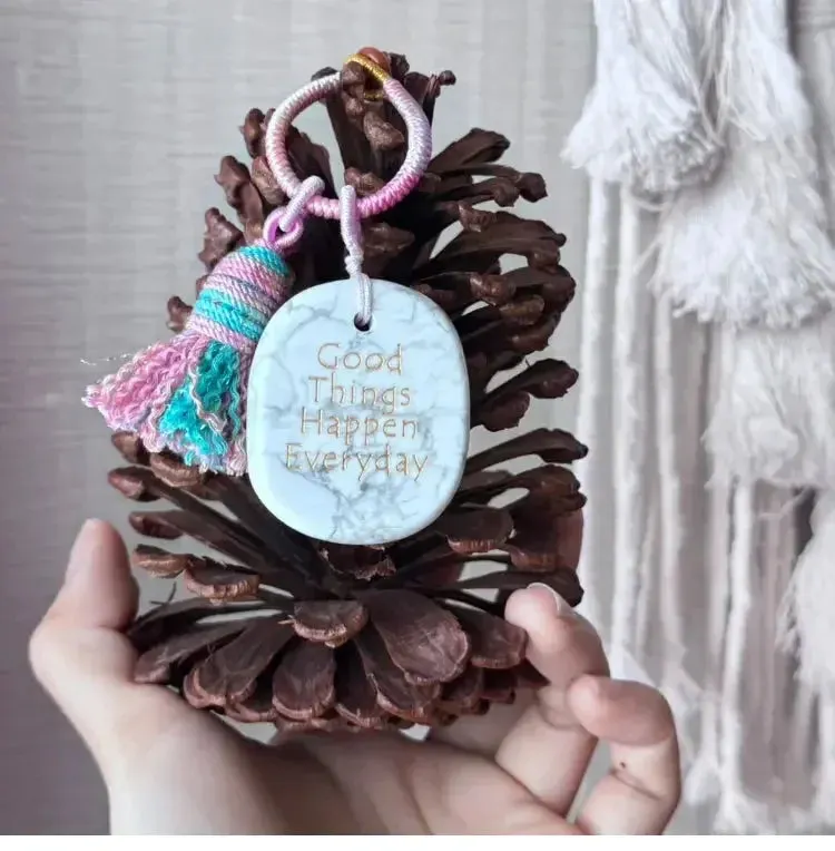 Handmade White Turquoise Worry Stone Woven Car and Bag Hanger