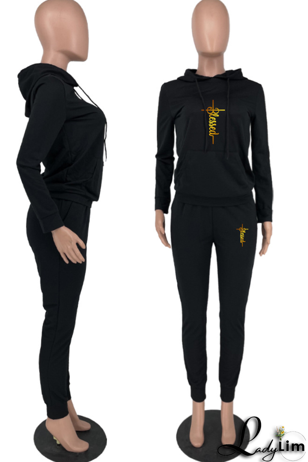 Black Fashion Print Patchwork Hooded Collar Long Sleeve Two Pieces