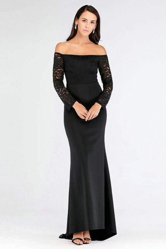 Black Lace Off-the-Shoulder Mermaid Evening Prom Dress