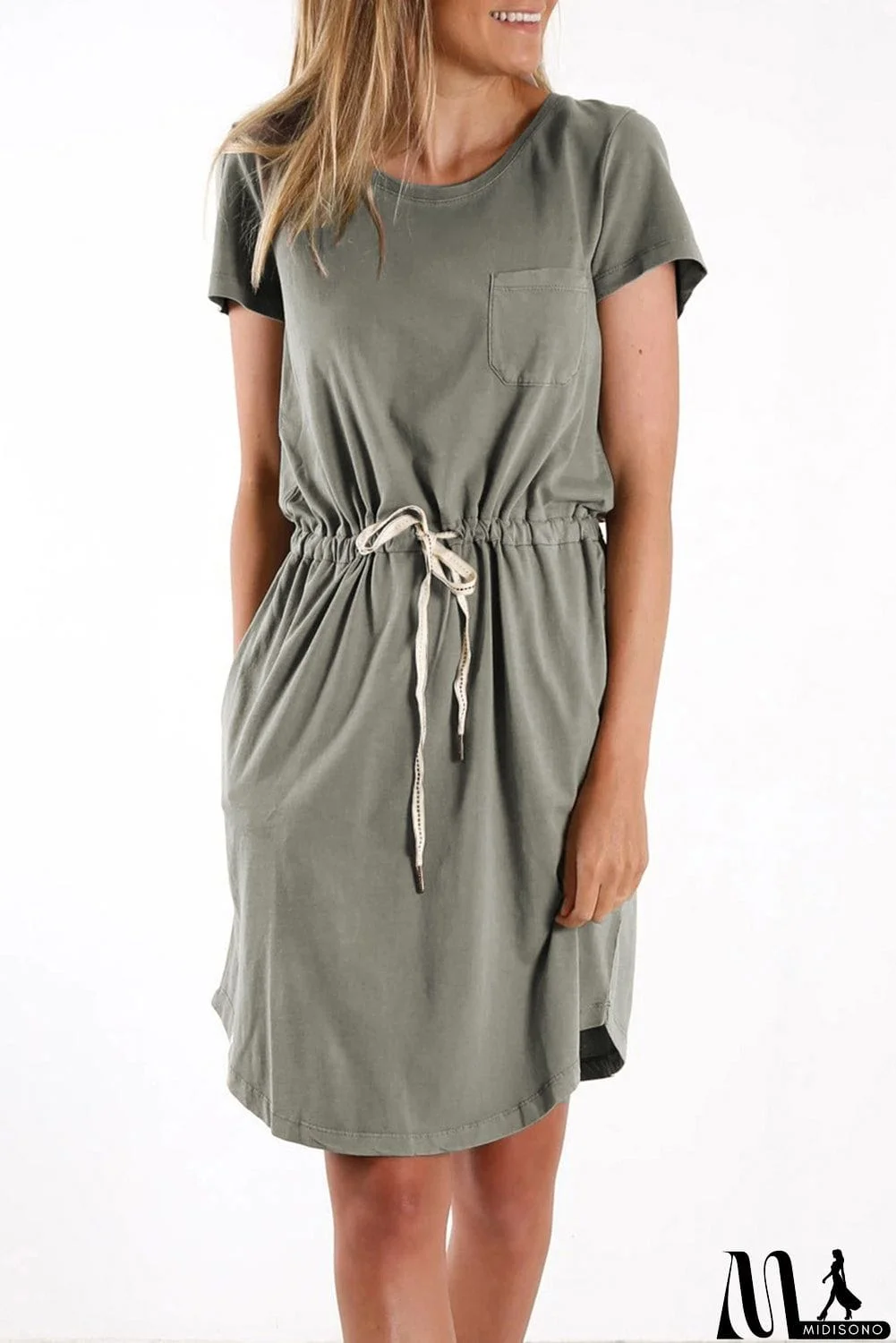 MidiSono - Pocketed Drawstring Waist Mini Dress