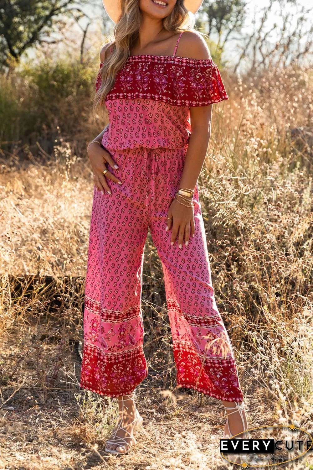 Red Pattern Print Spaghetti Strap Ruffled Wide Leg Jumpsuit