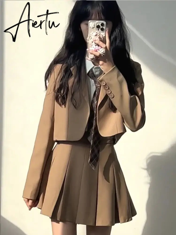 Aiertu Sets for Women 3 Pieces AutumnElegant Cardign Suit Coat Shirt  Pleated Skirt Sets School Vintage Casual Luxury Korean Fashion Aiertu