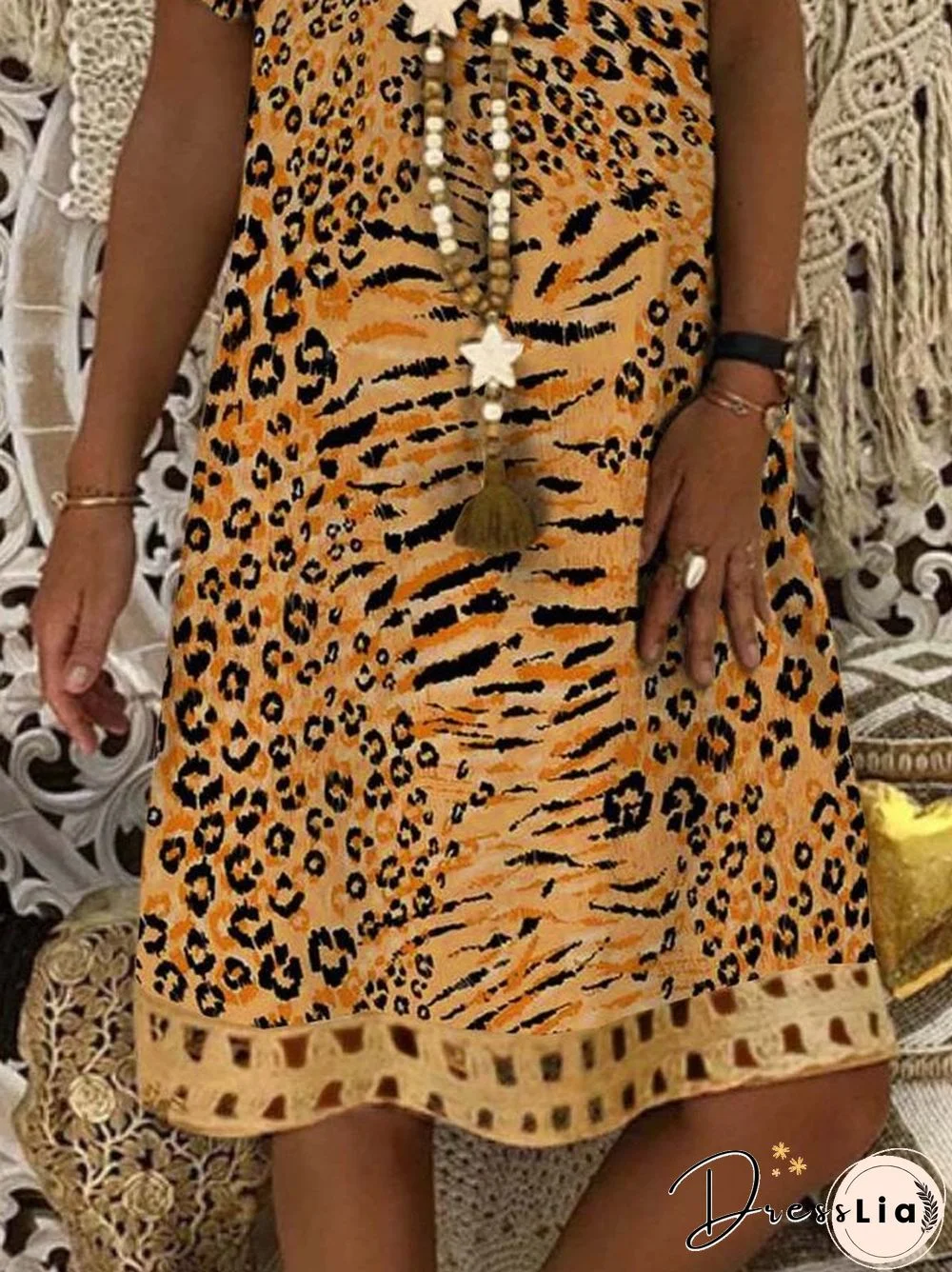 Leopard Short Sleeve Printed Polyester V neck Vintage Summer Orange Dress