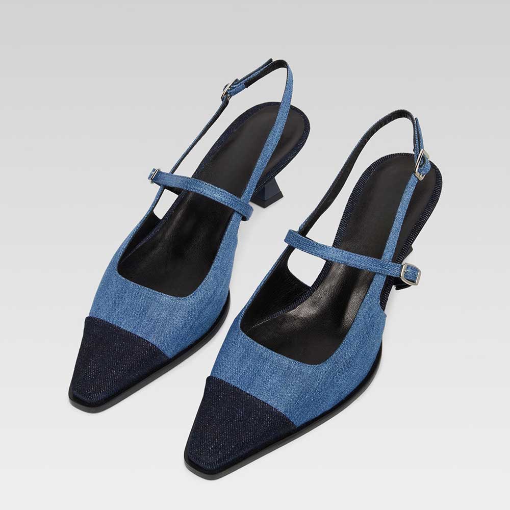 Navy & Blue Denim Patchwork Cap Toe Buckle Strap Slingback Heels Nicepairs