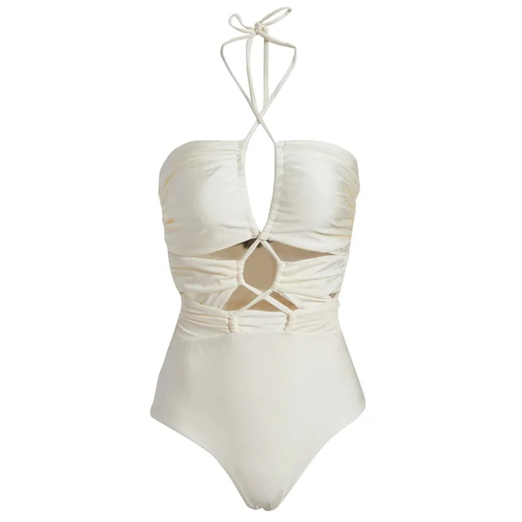 Lace Up Halter Cutout White One Piece Swimsuit and Sarong Flaxmaker