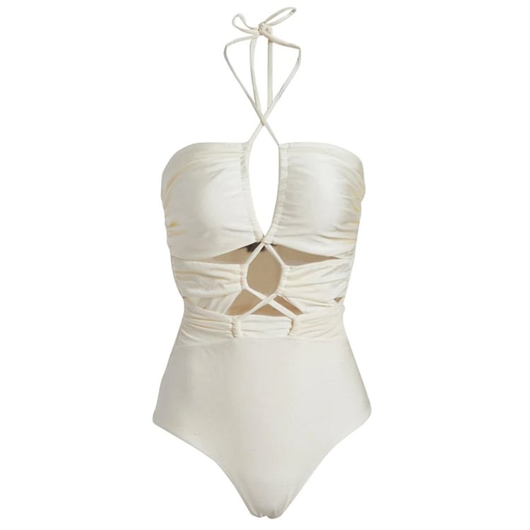 Flaxmaker White Halter Straps Cutout Solid White One Piece Swimsuit