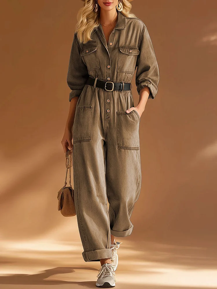 Women's Shirt Collar Long-sleeved Loose-fitting Denim Jumpsuit socialshop