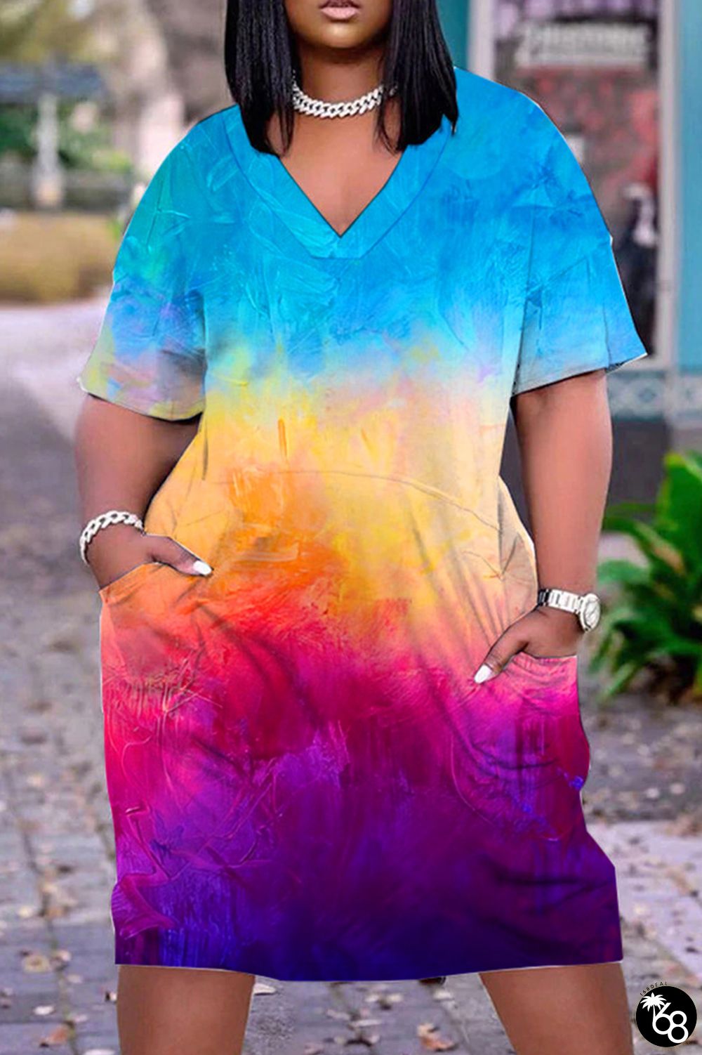 Sky Blue Casual Print Patchwork V Neck Short Sleeve Dress | 168DEAL