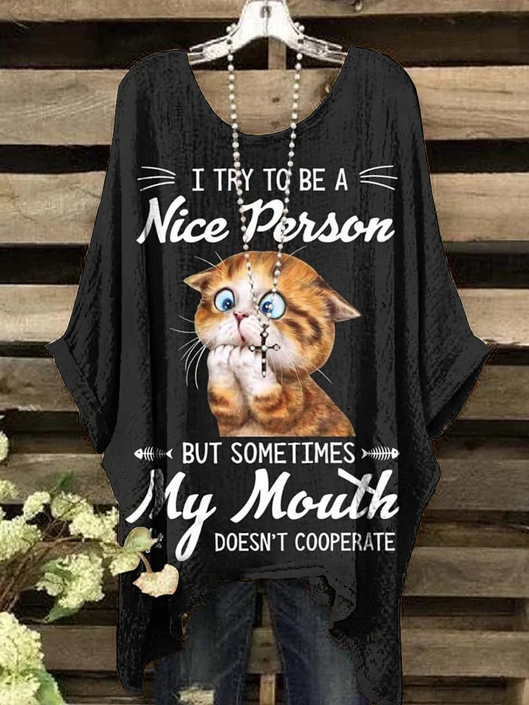 Women's Vintage Fun Cat Pattern Crew Neck Top