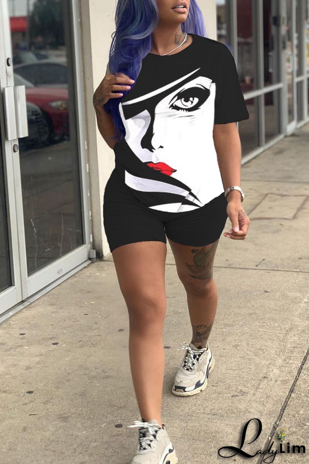 Black Casual Print Patchwork O Neck Short Sleeve Two Pieces