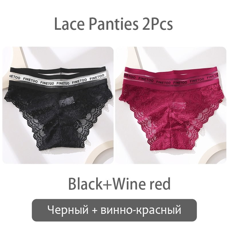 FINETOO 2Pcs Lace Panties Women Sexy Transparent Briefs Low Waist Floral Underwear Fashion Ladies Underpants L-2XL Girl Lingerie