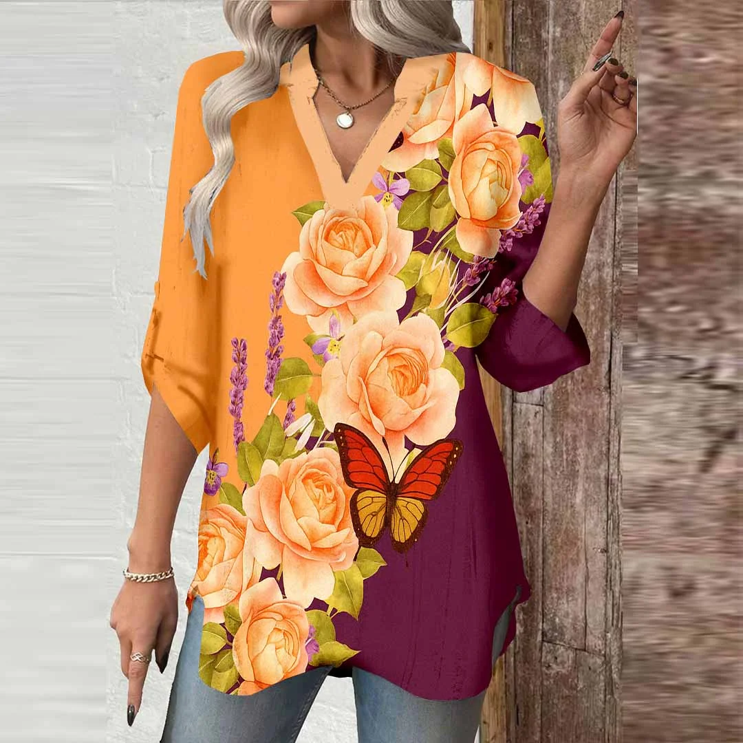 Women Floral, Orange, Burgundy DZGA0762 3/4 Sleeve V-neck Printed Graphic Button Tops