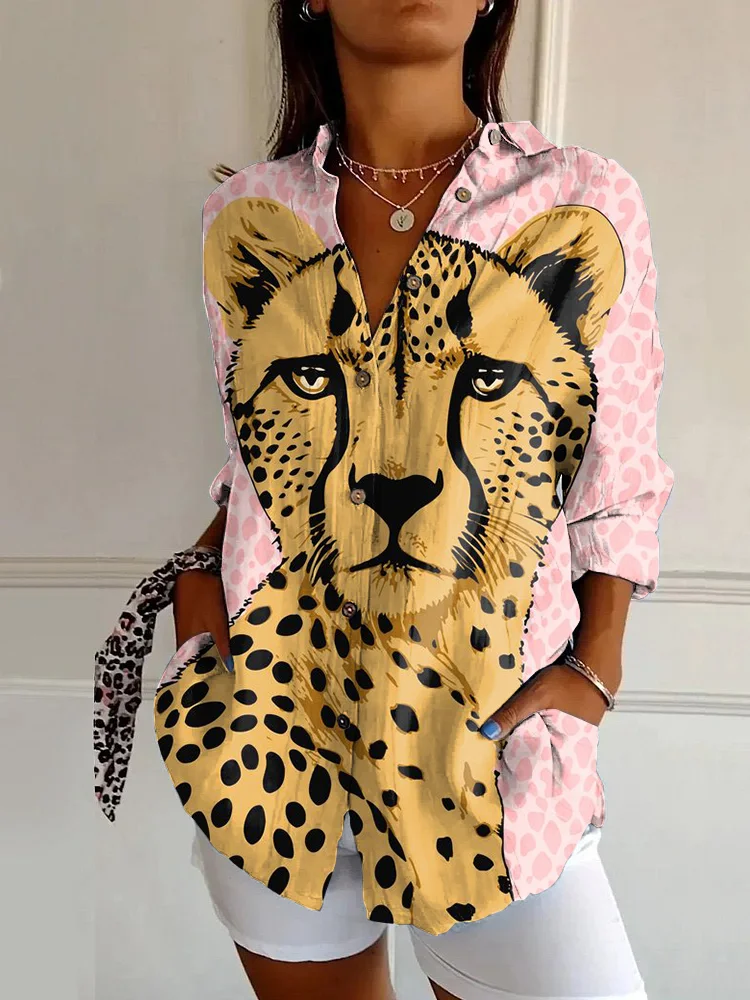 Fashionable Cheetah Print Casual Long Sleeve Shirt