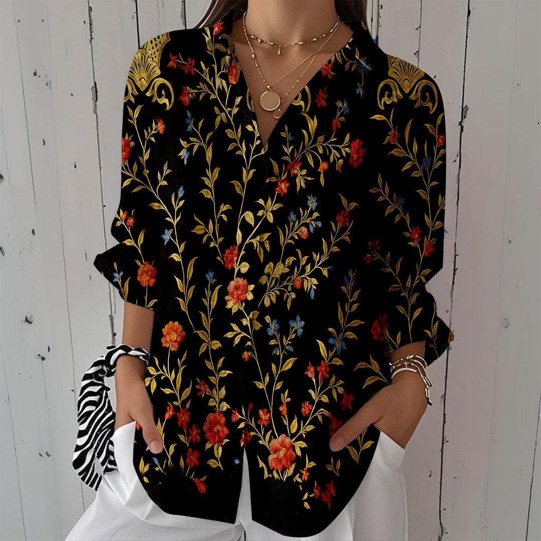 Women Long Sleeve V-neck Graphic Floral Printed Top