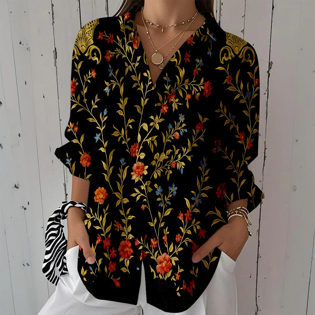 Style & Comfort for Mature Women Women Black, Red, Flowers DZCL0463 3/4 Sleeve Shirt Collar Printed Button Tops