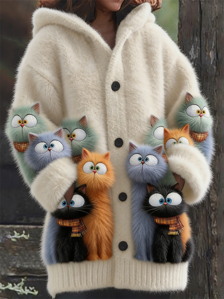 Colorful Lovely Fuzzy Cats Art Cozy Hooded Cardigan wearshes
