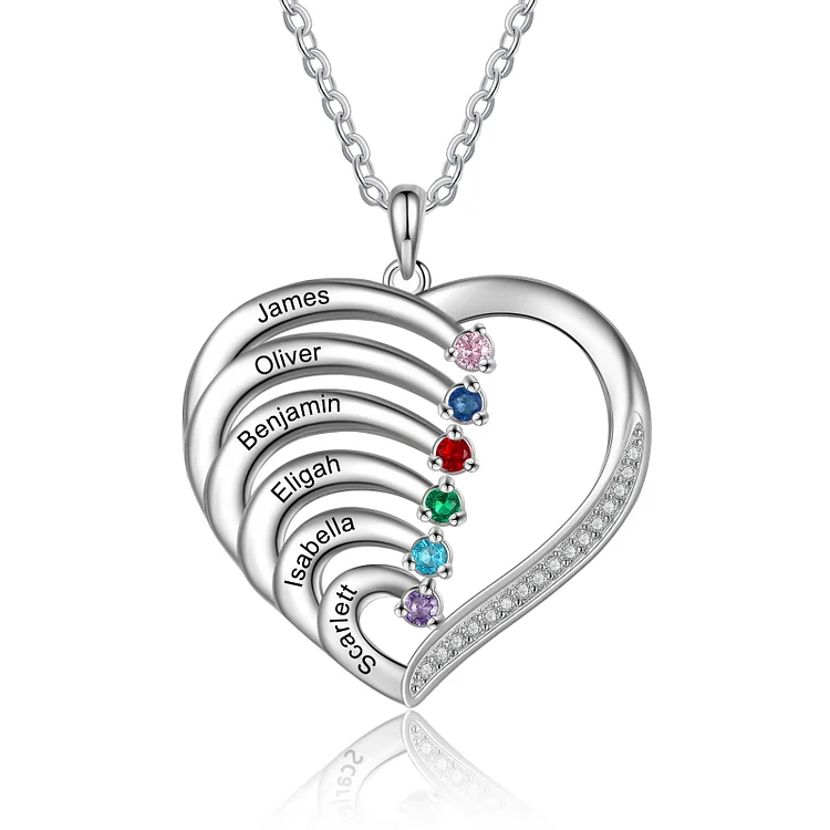 Personalized Mother Necklace 6 Stones Engraved 6 Names Birthstone Intertwined Heart Pendant