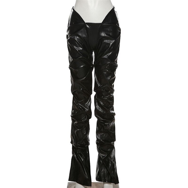 Weird Puss V-Shaped Low Waist Y2K Pants Women 2021 Fashion Stacked Faux Leather Trousers Casual Wild Hot Street Skinny Bottoms