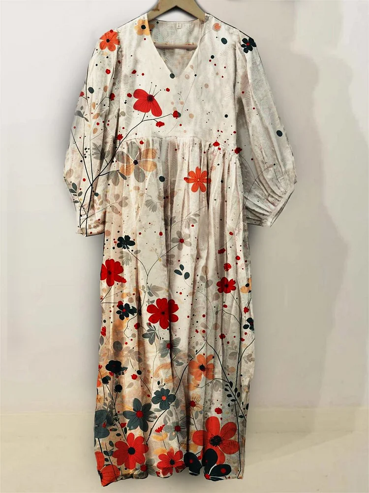 Flowers Print Pocket V-neck Cotton Dress