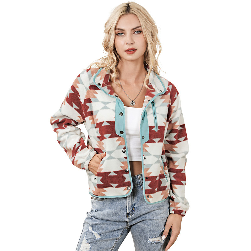 Mature Women Western Style Color Matching Fleece Jacket