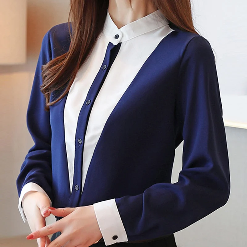 Long Sleeve Chiffon Blouse Shirt Tops Blouse Women Blusas Mujer De Moda 2021 Stand Collar Office Blouse Shirt Blouses Blusa D642