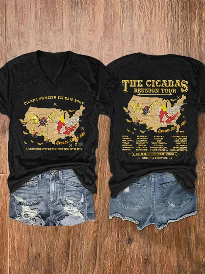 Women's Cicadas Summer Scream 2024 Print V Neck T-shirt