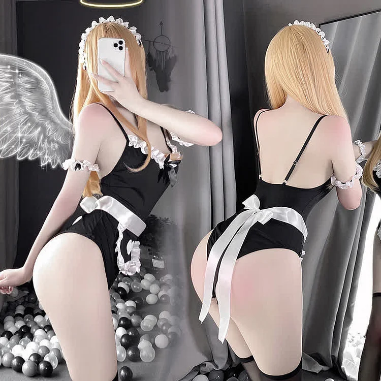 Cosplay Maid Love Heart Print Lace Jumpsuit Lingerie  - Modakawa Modakawa